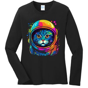 Space Astronaut Cat Gifts Space Cat Ladies Long Sleeve Shirt