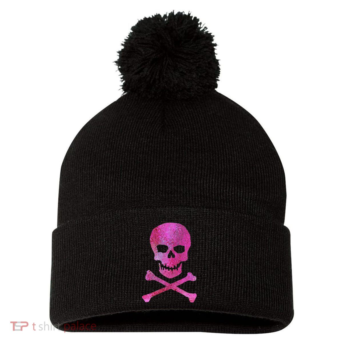 Skull And Crossbones Pom Pom 12in Knit Beanie