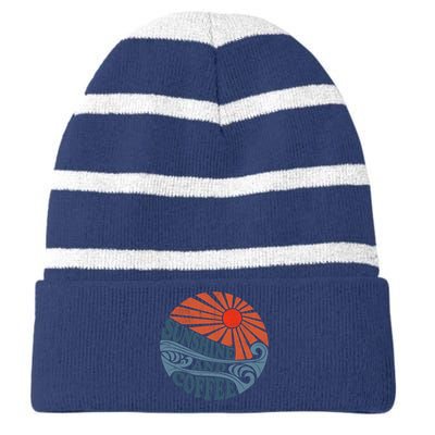 Sunshine And Coffee Funny Retro 70S Vintage Beach Vacation Striped Beanie with Solid Band