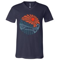 Sunshine And Coffee Funny Retro 70S Vintage Beach Vacation V-Neck T-Shirt