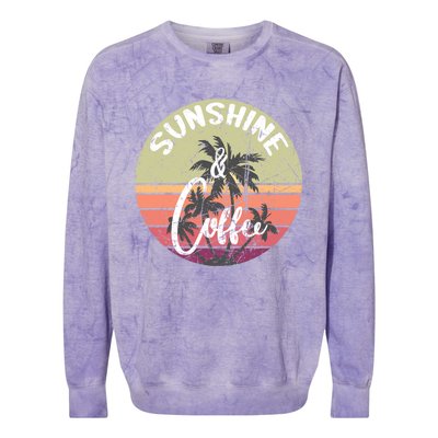 Sunshine And Coffee Funny Retro Vintage Sunset Palm Trees Gift Colorblast Crewneck Sweatshirt