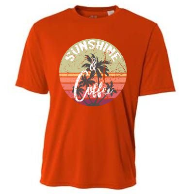 Sunshine And Coffee Funny Retro Vintage Sunset Palm Trees Gift Cooling Performance Crew T-Shirt