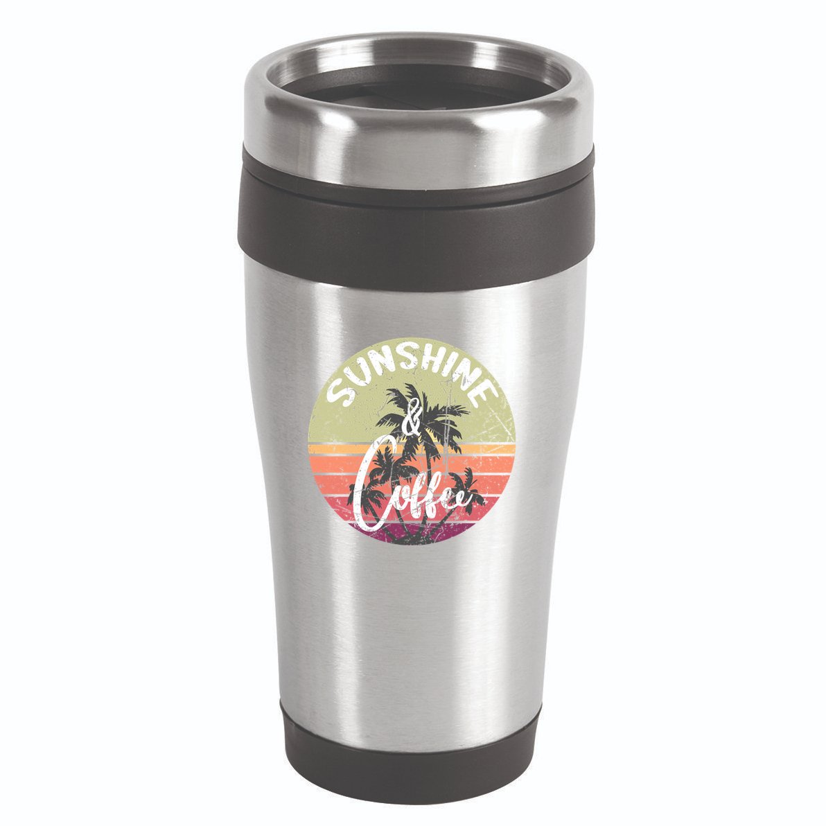 Sunshine And Coffee Funny Retro Vintage Sunset Palm Trees Gift 16oz Travel Tumbler