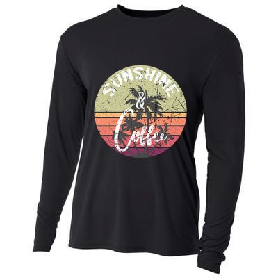 Sunshine And Coffee Funny Retro Vintage Sunset Palm Trees Gift Cooling Performance Long Sleeve Crew