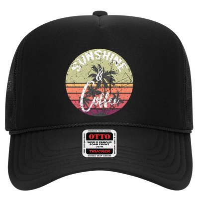 Sunshine And Coffee Funny Retro Vintage Sunset Palm Trees Gift Trucker Hat
