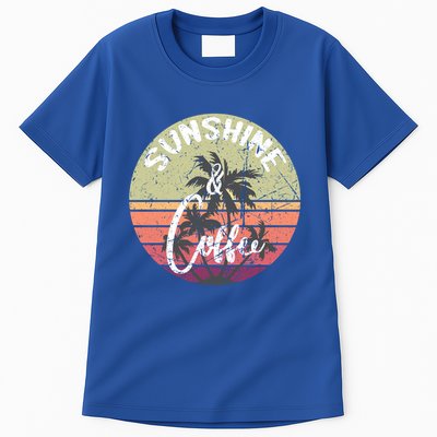 Sunshine And Coffee Funny Retro Vintage Sunset Palm Trees Gift Tall T-Shirt