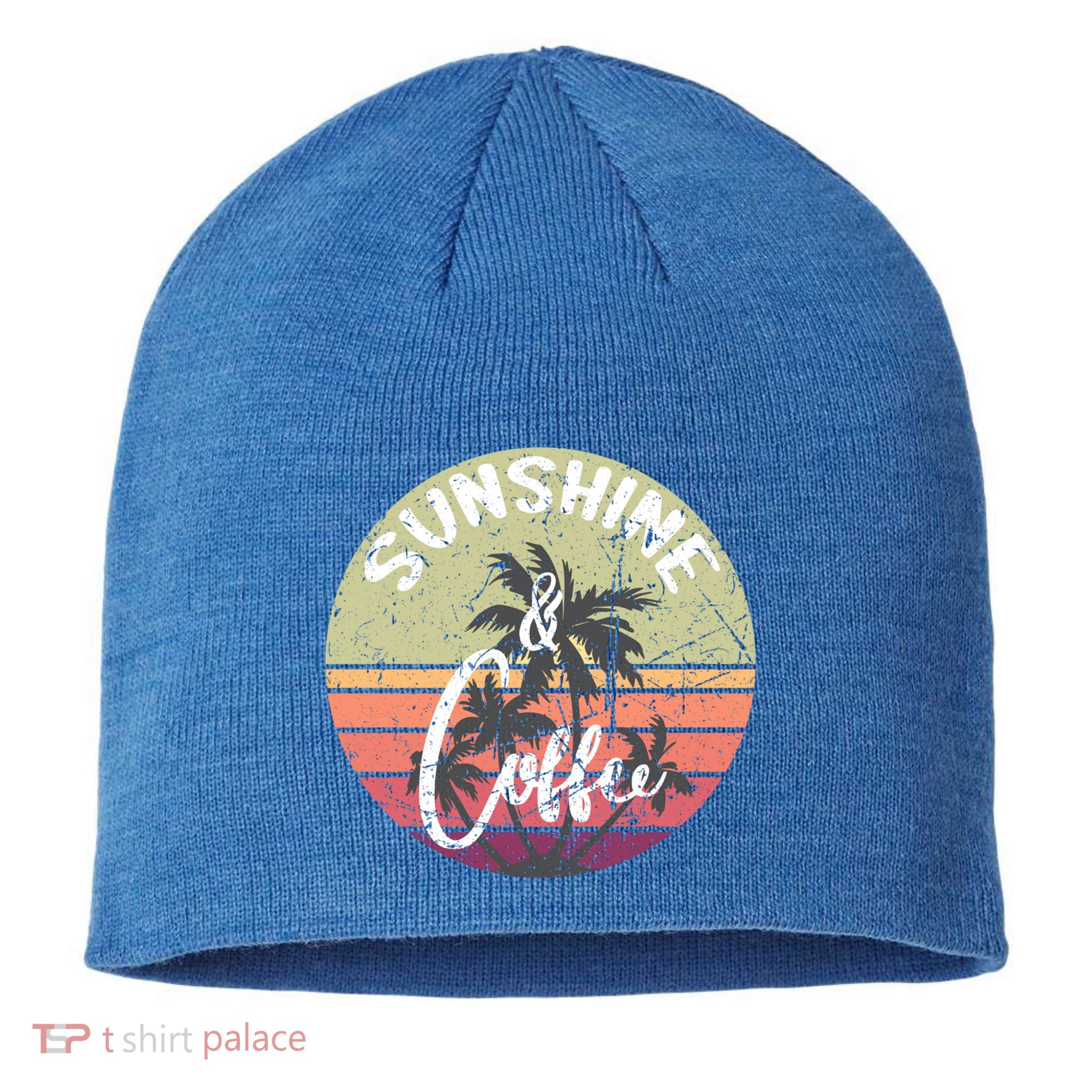 Sunshine And Coffee Funny Retro Vintage Sunset Palm Trees Gift Sustainable Beanie
