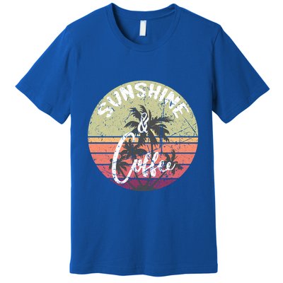 Sunshine And Coffee Funny Retro Vintage Sunset Palm Trees Gift Premium T-Shirt