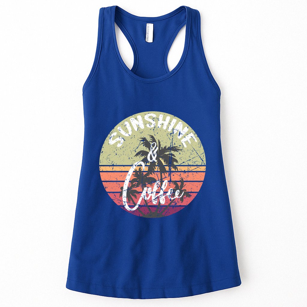 Sunshine And Coffee Funny Retro Vintage Sunset Palm Trees Gift Womens Tank Top