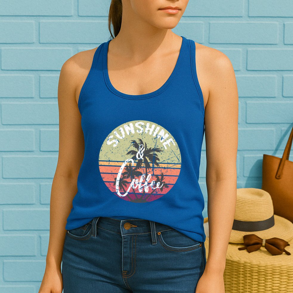 Sunshine And Coffee Funny Retro Vintage Sunset Palm Trees Gift Womens Tank Top