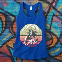 Sunshine And Coffee Funny Retro Vintage Sunset Palm Trees Gift Womens Tank Top