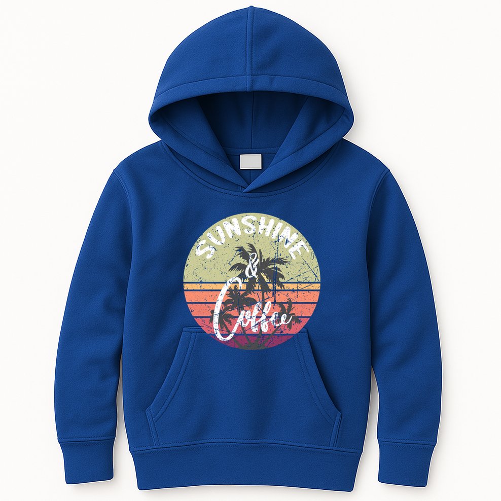 Sunshine And Coffee Funny Retro Vintage Sunset Palm Trees Gift Kids Hoodie