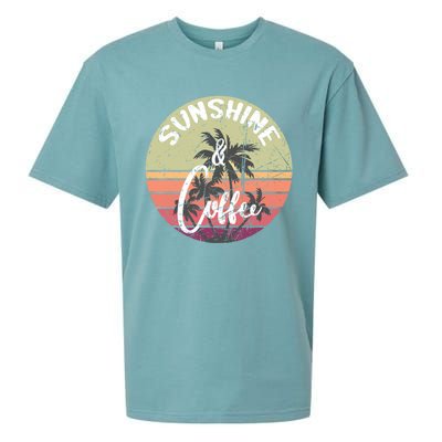 Sunshine And Coffee Funny Retro Vintage Sunset Palm Trees Gift Sueded Cloud Jersey T-Shirt