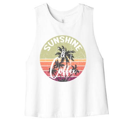 Sunshine And Coffee Funny Retro Vintage Sunset Palm Trees Gift Women's Racerback Cropped Tank