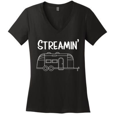 Streamin' Airstream Camping Women's V-Neck T-Shirt