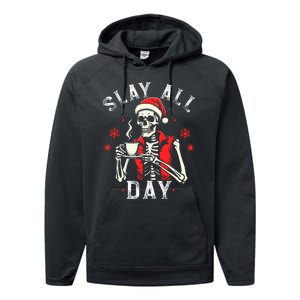 Slay All Day Skeleton Christmas Coffee Funny Holiday Performance Fleece Hoodie