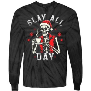 Slay All Day Skeleton Christmas Coffee Funny Holiday Tie-Dye Long Sleeve Shirt