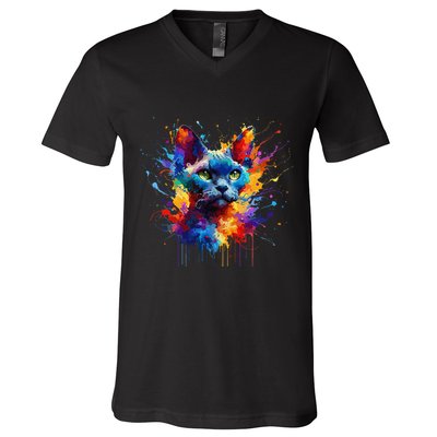 Splash Art Devon Rex Pixie Cats .Png V-Neck T-Shirt