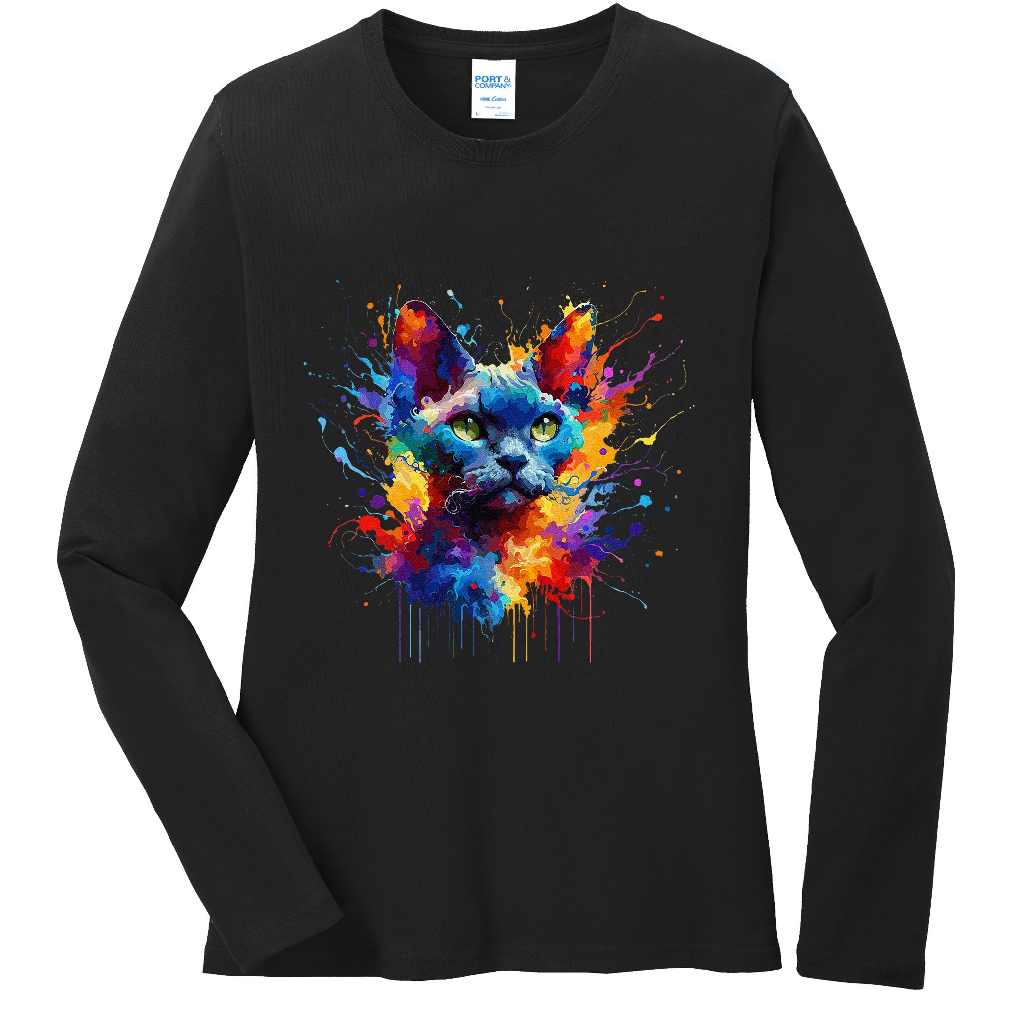 Splash Art Devon Rex Pixie Cats .Png Ladies Long Sleeve Shirt