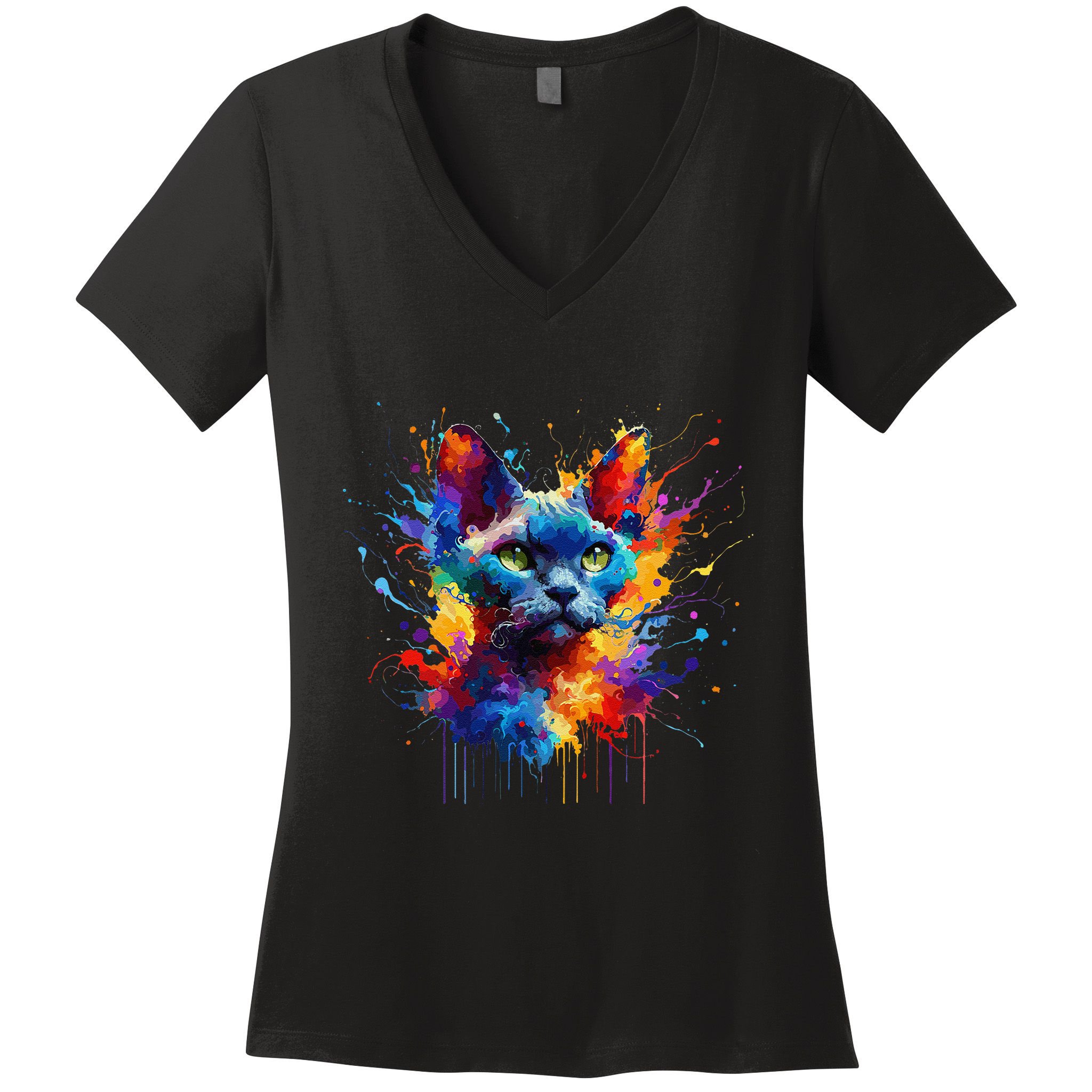 Splash Art Devon Rex Pixie Cats .Png Women's V-Neck T-Shirt