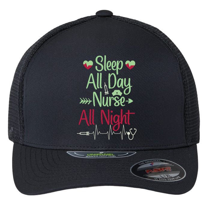 Sleep All Day Nurse All Night Funny Flexfit Unipanel Trucker Cap