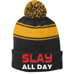 Slay All Day Stripe Pom Pom Beanie