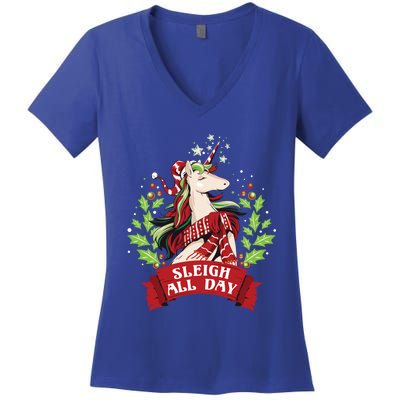 Sleigh All Day Cute Santa Unicorn Christmas Great Gift Women's V-Neck T-Shirt