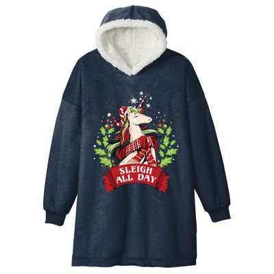 Sleigh All Day Cute Santa Unicorn Christmas Great Gift Hooded Wearable Blanket