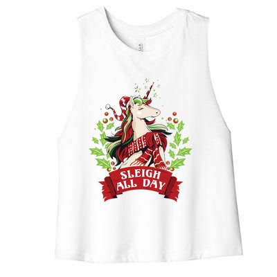 Sleigh All Day Cute Santa Unicorn Christmas Great Gift Women's Racerback Cropped Tank