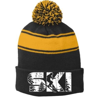 SKI Alpine Downhill Skiing Winter Sports Funny Skier Stripe Pom Pom Beanie