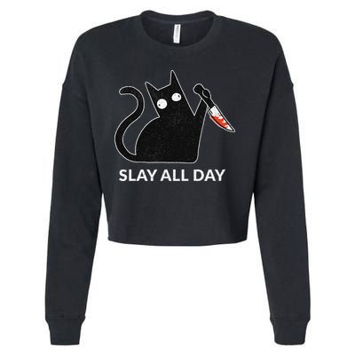 Slay All Day Halloween Cat Funny Cropped Pullover Crew