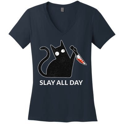 Slay All Day Halloween Cat Funny Women's V-Neck T-Shirt