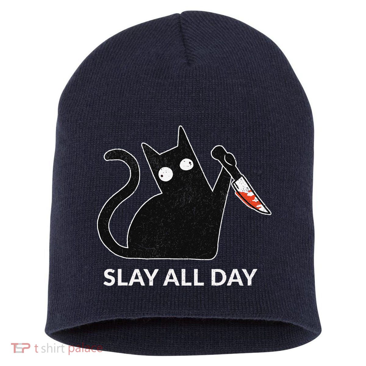 Slay All Day Halloween Cat Funny Short Acrylic Beanie