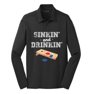 Sinkin' And Drinkin' Cornhole Playing Funny Silk Touch Performance Long Sleeve Polo