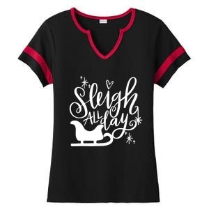 Sleigh All Day Christmas SantaS Reindeer Sleigh In Snow Gift Ladies Halftime Notch Neck Tee