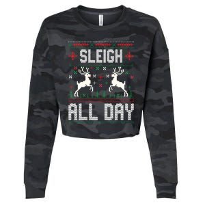 Sleigh All Day Ugly Christmas Sweater Reindeer Holiday Gift Cropped Pullover Crew