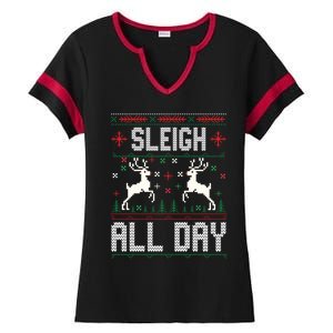 Sleigh All Day Ugly Christmas Sweater Reindeer Holiday Gift Ladies Halftime Notch Neck Tee