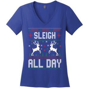 Sleigh All Day Ugly Christmas Sweater Reindeer Holiday Gift Women's V-Neck T-Shirt