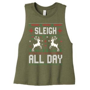 Sleigh All Day Ugly Christmas Sweater Reindeer Holiday Gift Women's Racerback Cropped Tank