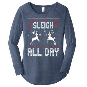 Sleigh All Day Ugly Christmas Sweater Reindeer Holiday Gift Women's Perfect Tri Tunic Long Sleeve Shirt