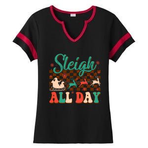 Sleigh All Day Santa Claus Merry Christmas Groovy Retro Cute Gift Ladies Halftime Notch Neck Tee