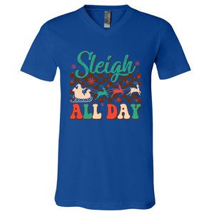 Sleigh All Day Santa Claus Merry Christmas Groovy Retro Cute Gift V-Neck T-Shirt