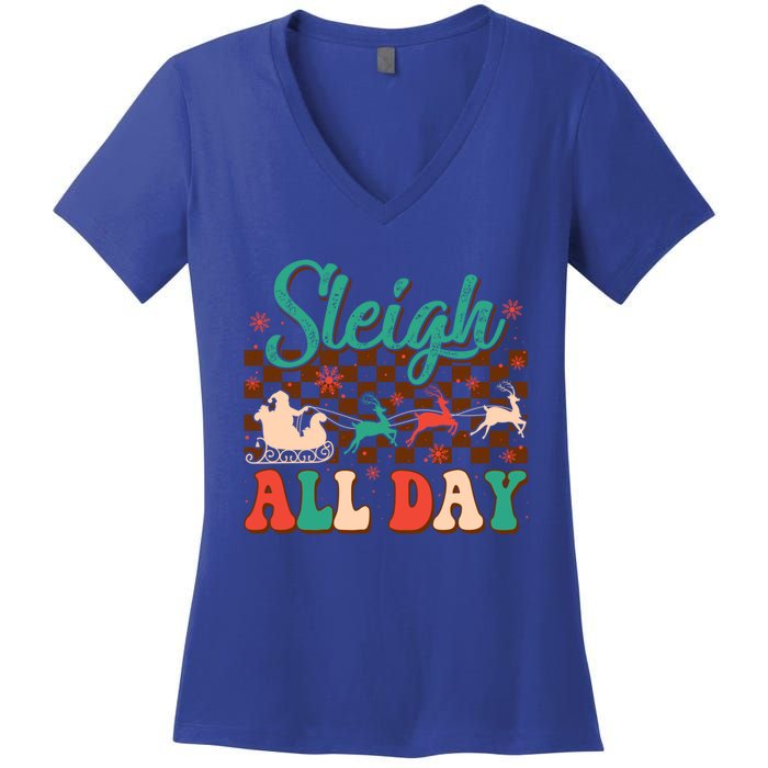 Sleigh All Day Santa Claus Merry Christmas Groovy Retro Cute Gift Women's V-Neck T-Shirt