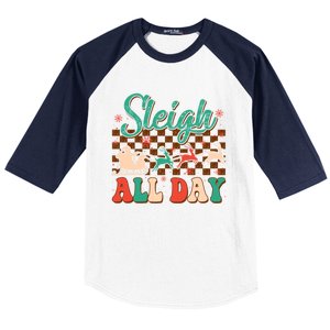 Sleigh All Day Santa Claus Merry Christmas Groovy Retro Cute Gift Baseball Sleeve Shirt