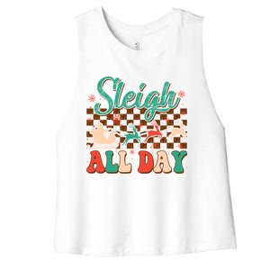 Sleigh All Day Santa Claus Merry Christmas Groovy Retro Cute Gift Women's Racerback Cropped Tank