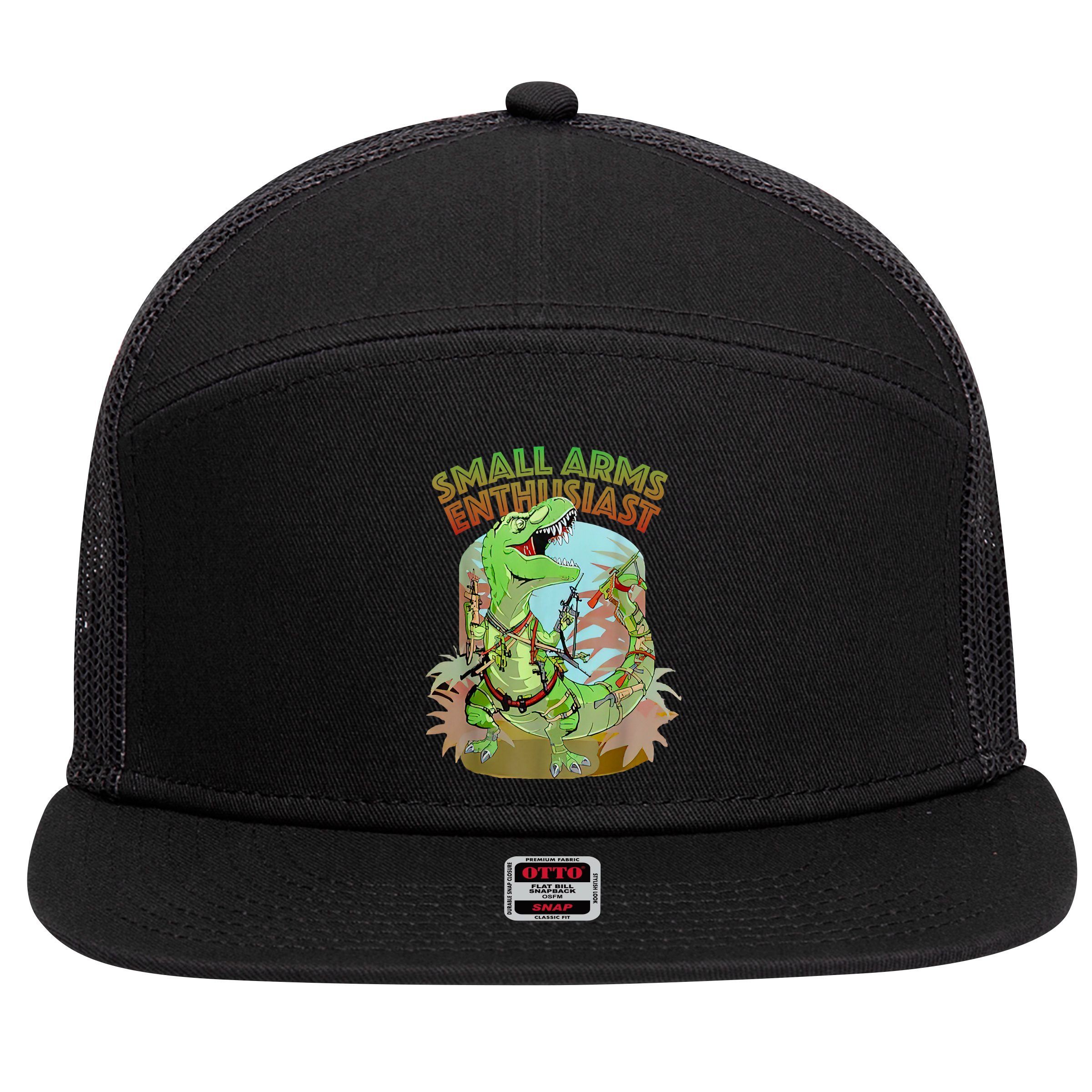 Small Arms Enthusiast Funny Trex Dinosaur Gun 7 Panel Mesh Trucker Snapback Hat