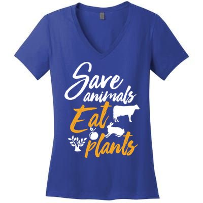 Save Animals Eat Plants Funny Vegan Vegetarian Animal Lover Gift Women's V-Neck T-Shirt