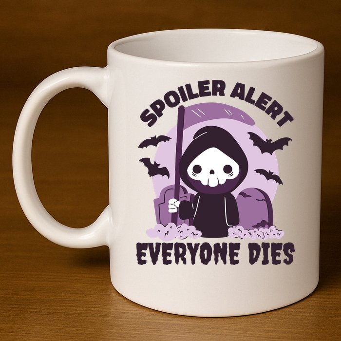 Spoiler Alert Everyone Dies Reaper Halloween 11oz C Handle Ceramic Mug