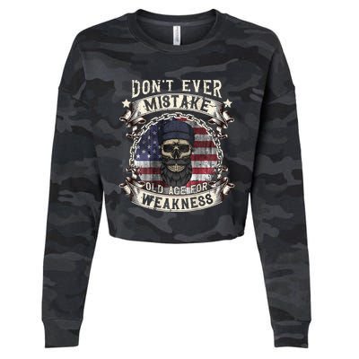 Skull American Flag Dont Ever Mistake Old Age For Weakness Cropped Pullover Crew