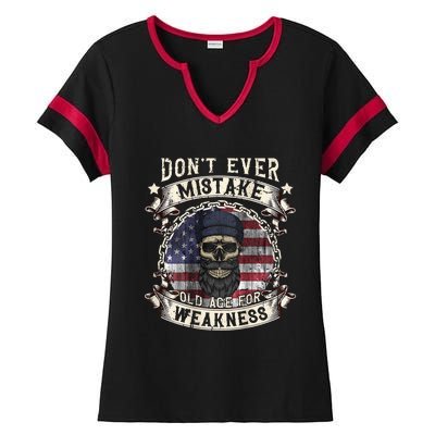 Skull American Flag Dont Ever Mistake Old Age For Weakness Ladies Halftime Notch Neck Tee